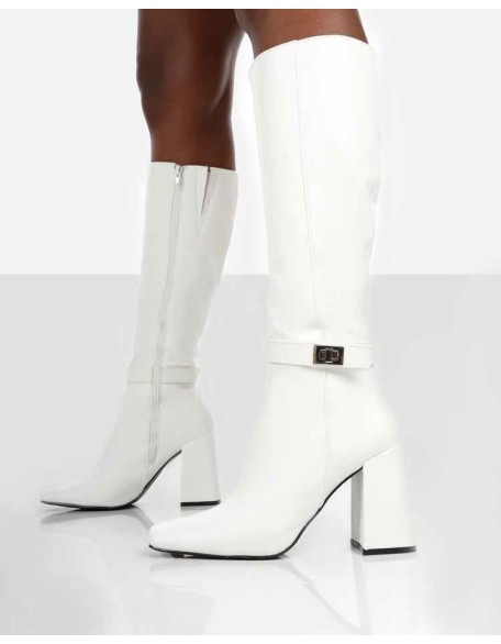 Apologetic White Pu Knee High Block Heel Boots