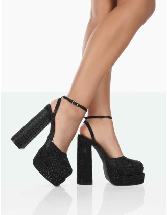 Moonchild Black Sparkly Diamanté Satin Closed Toe Statement Platform Block Heels