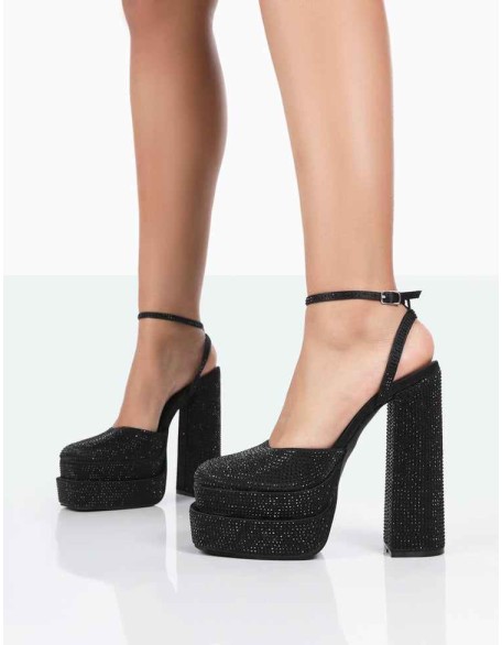 Moonchild Black Sparkly Diamanté Satin Closed Toe Statement Platform Block Heels