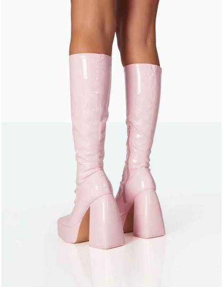Heartbeat Pink Patent PU Chunky Square Toe Platform Block Knee High Boots