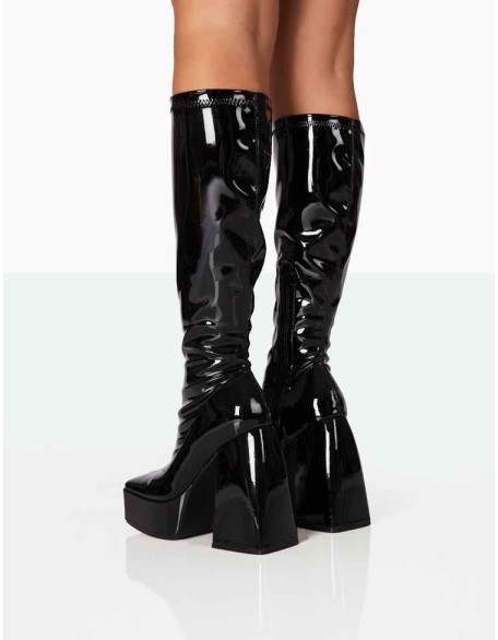 Heartbeat Black Patent PU Chunky Square Toe Platform Block Knee High Boots