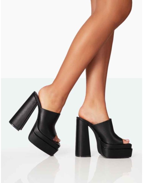 Skyhigh Black Grain PU Chunky Platform High Heeled Mules