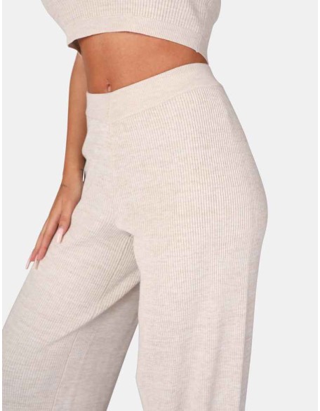 V Front Low Waisted Wide Leg Knitted Trousers Oatmeal