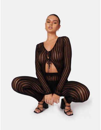 Tie Front Ladder Stitch Long Sleeve Knitted Cardigan