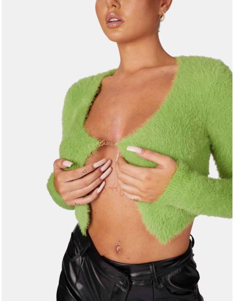 Long Sleeve Kaiia Trim Fluffy Knit Top Green