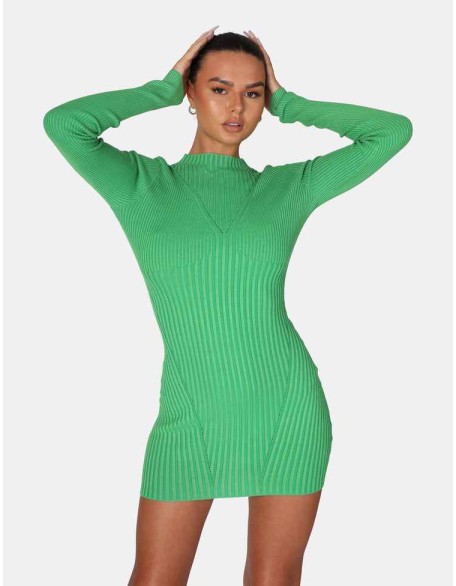 Knitted High Neck Long Sleeve Contrast Stitch Mini Dress Green