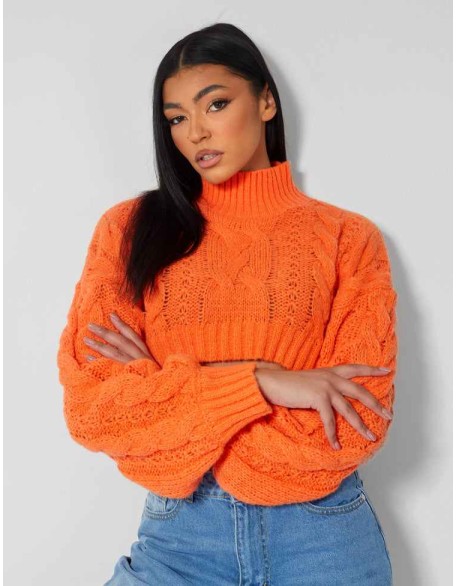 Roll Neck Cropped Cable Knitted Jumper Orange