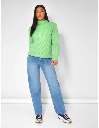 HIGH NECK CONSTRAST STITCH RIBBED KNITTED OVERSIZED JUMPER GREEN