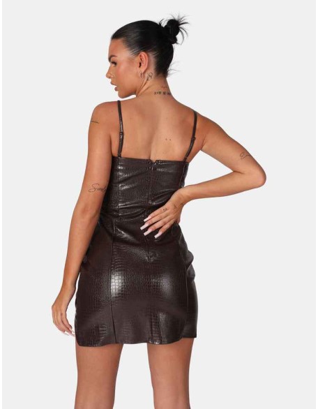 Square Neck Croc Hem Cut Out Mini Dress Chocolate