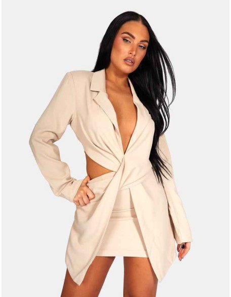 Twist Front Blazer Mini Dress Stone