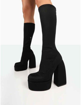 Jayce Black Nylon Chunky Square Toe Platform Block Boots