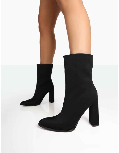 Bridget Black Nylon Pointed Toe Block Heeled Ankle Boots