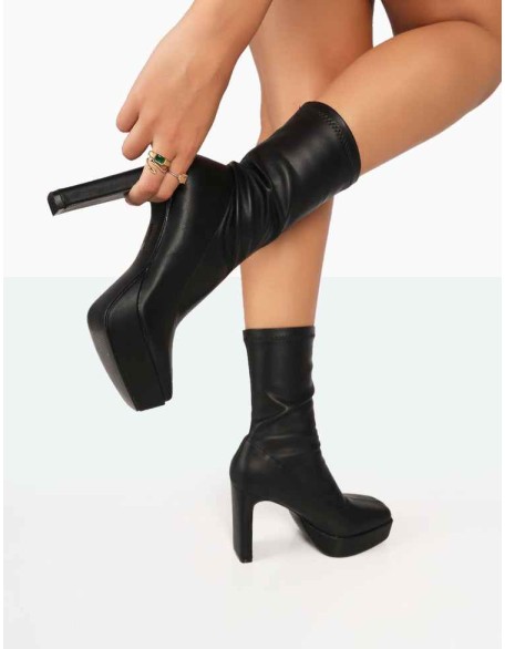 Domini Black Pu Platform Ankle Slim Heeled Boots