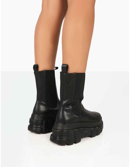 Banner Black PU Chunky Sole Ankle Boots
