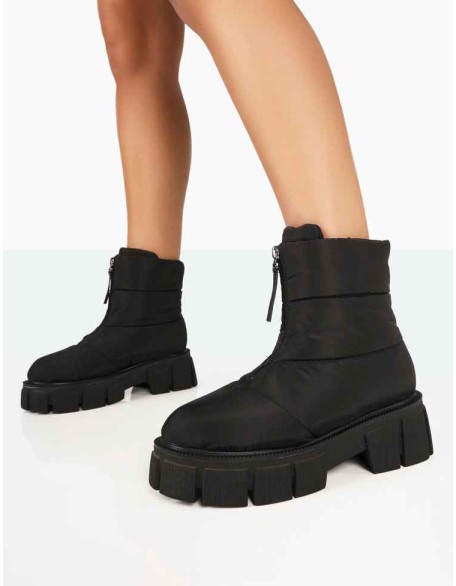 Puffy Black Nylon Zip Up Chunky Sole Snow Ankle Boots