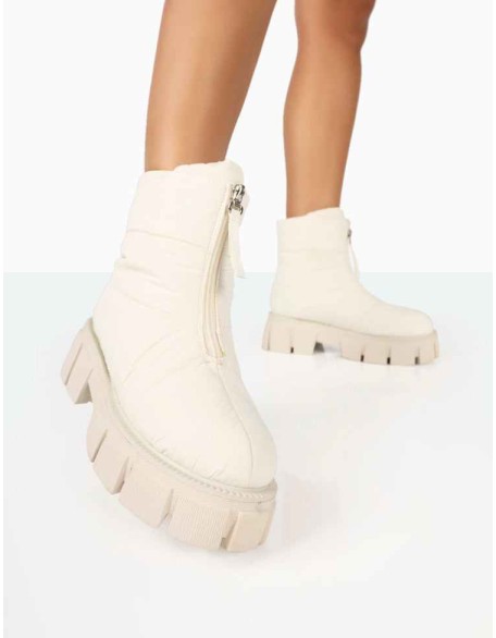 Puffy Ecru Nylon Zip Up Chunky Sole Snow Ankle Boots