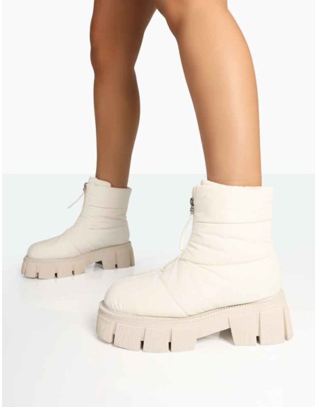 Puffy Ecru Nylon Zip Up Chunky Sole Snow Ankle Boots
