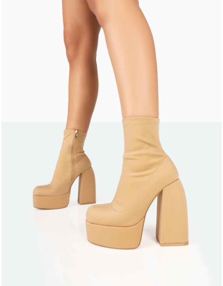 Charlie Taupe Nylon Platform Rounded Toe Block Heeled Ankle Boots