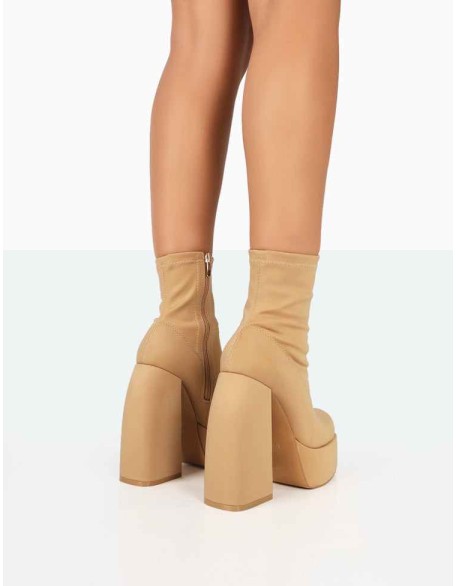 Charlie Taupe Nylon Platform Rounded Toe Block Heeled Ankle Boots