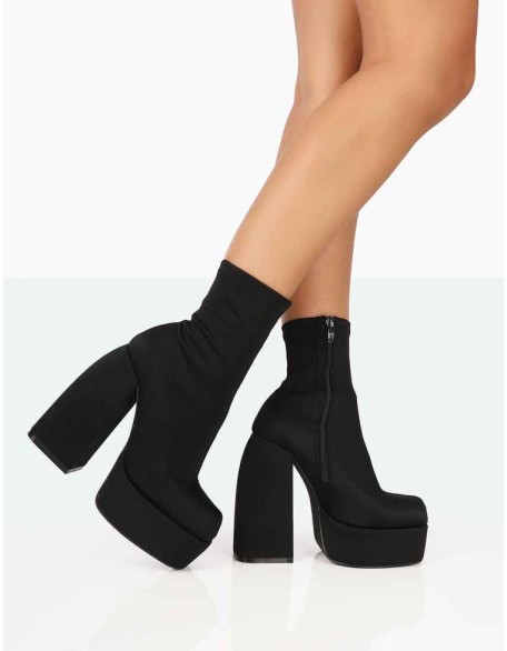Charlie Black Nylon Platform Rounded Toe Block Heeled Ankle Boots