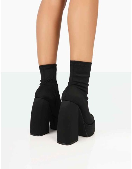 Charlie Black Nylon Platform Rounded Toe Block Heeled Ankle Boots
