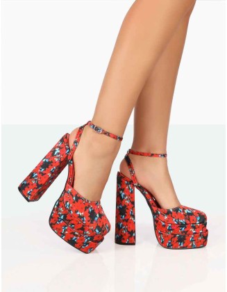 Moonchild Floral Satin Closed Toe Statement Platform Block Heels