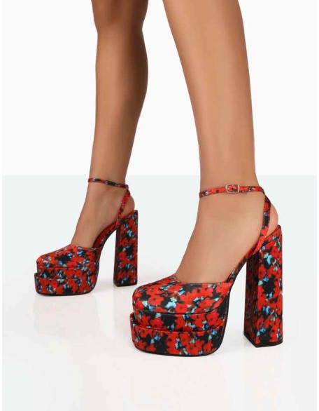 Moonchild Floral Satin Closed Toe Statement Platform Block Heels