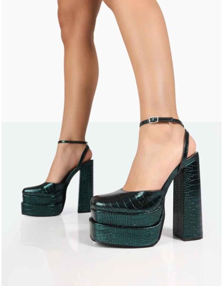 Moonchild Metallic Emerald Green Croc Closed Toe Statement Platform Block Heels