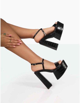 Jesse Black Croc Platform Block High Heels