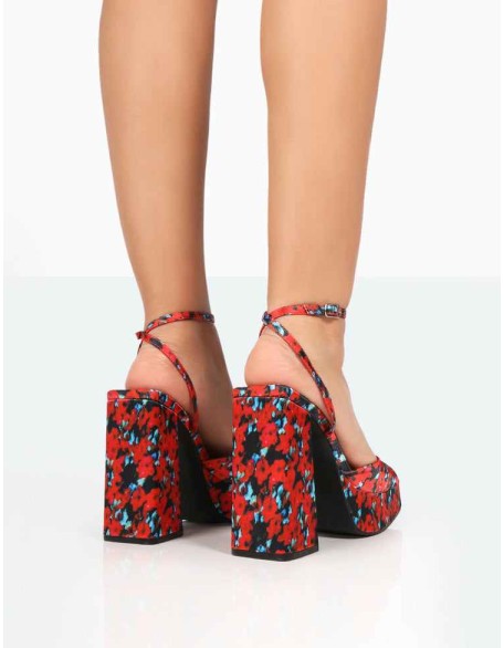 Lyle Red Floral Satin Square Toe Block Platform High Heels