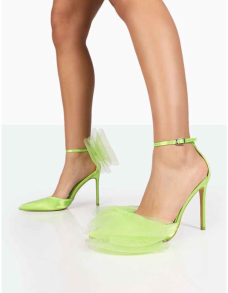 Bell Lime Satin Statement Bow Court Pointed Toe Stiletto Heels