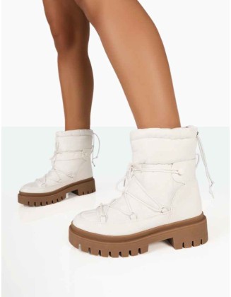 Snowy White Lace Up Chunky Sole Snow Ankle Boots