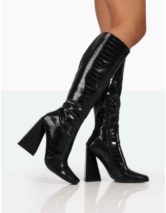 Senna Black Patent Croc Knee High Block Heel Boots