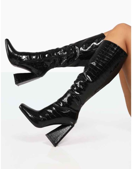 Senna Black Patent Croc Knee High Block Heel Boots