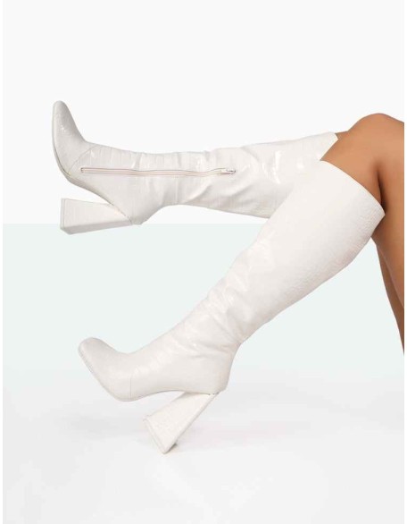 Senna White Croc Pu Knee High Block Heel Boots