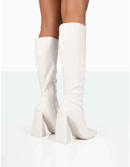 Senna White Croc Pu Knee High Block Heel Boots