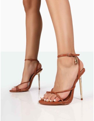 Tommy Wide Fit Tan Grain Barely There Strappy Round Toe High Heels