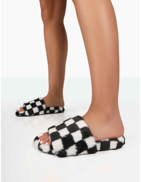 Happy Black And White Checkerboard Fluffy Faux Fur Slider Slippers