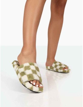 Happy Green And White Checkerboard Fluffy Faux Fur Slider Slippers