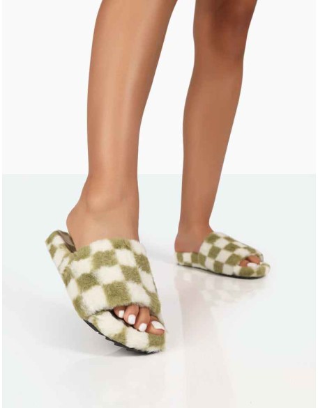Happy Green And White Checkerboard Fluffy Faux Fur Slider Slippers