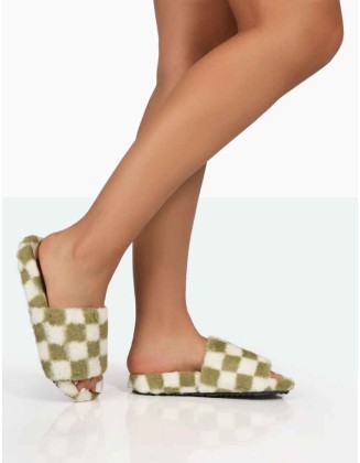 Happy Green And White Checkerboard Fluffy Faux Fur Slider Slippers