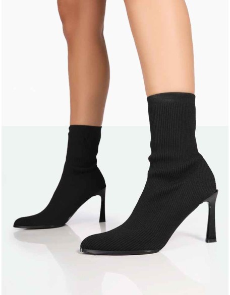 Farah Black Knitted Sock Stiletto Ankle Pointed Heeled Boots