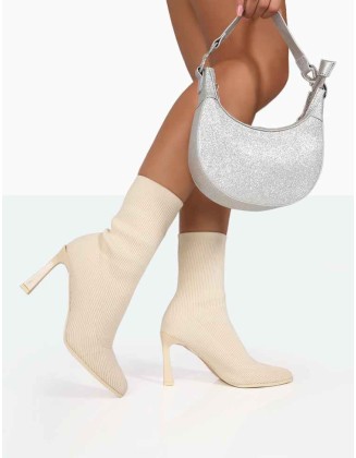 Farah Ecru Knitted Sock Stilleto Ankle Pointed Heeled Boots