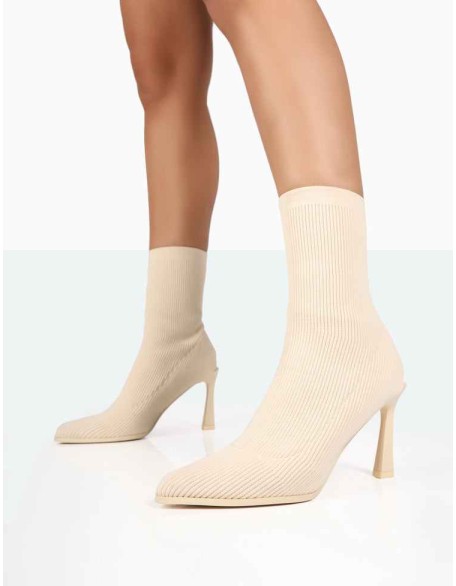 Farah Ecru Knitted Sock Stilleto Ankle Pointed Heeled Boots