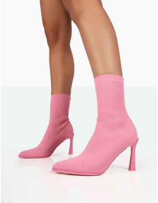 Farah Pink Knitted Sock Stiletto Ankle Pointed Heeled Boots