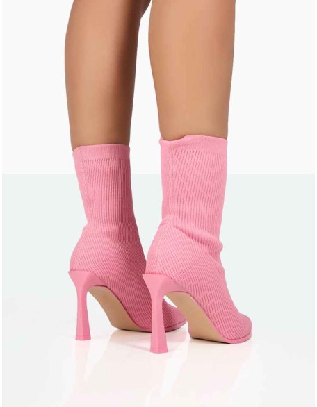 Farah Pink Knitted Sock Stiletto Ankle Pointed Heeled Boots