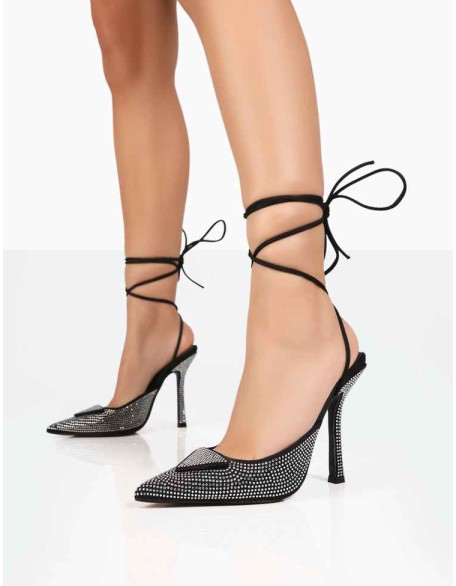 Galaxy Black Sparkly Diamante Pointed Stiletto Toe Lace Up Wrap Around Heels
