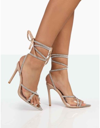 Scout Nude Patent Clear Perspex Pointed Toe Sparkly Diamante Strappy Wrap Around Heels