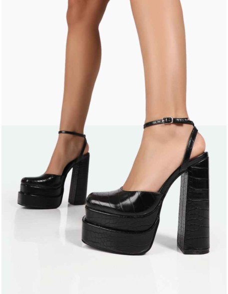 Moonchild Black Croc Closed Toe Statement Platform Block Heels