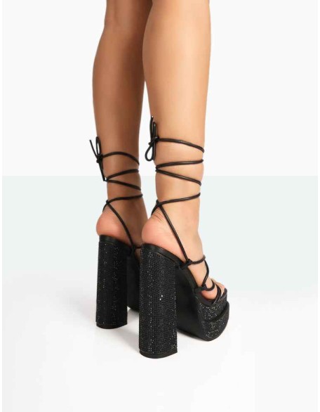 Glow Girl Black Sparkly Diamante Lace Up Platform Block High Heels